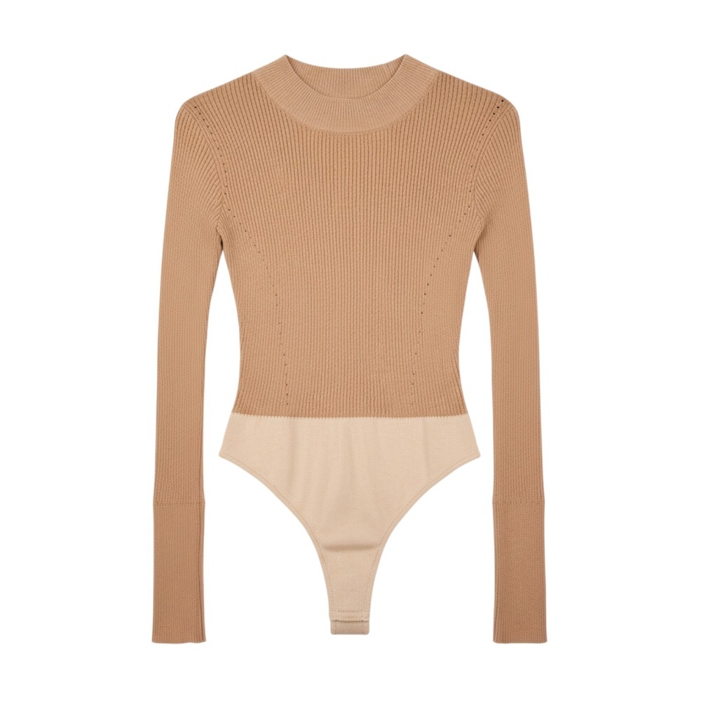Free People Bodysuit Womens Medium Tan Shimmer Ribbed Knit Mock Neck Long Sleeve